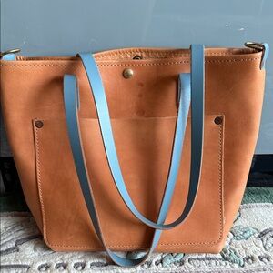 Kmm co horween Essex travel tote. Tan Leather Tote Bag with Blue Straps